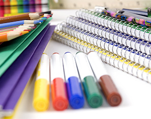 colored pencils, folders, markers and notebooks