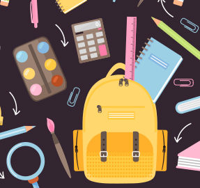 Drawing of backpack and school supplies