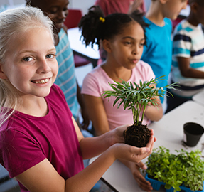 Elementary school girl holding a seedling in the classroom